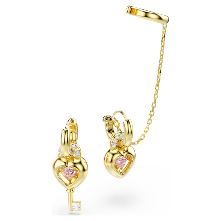 Idyllia drop earrings with ear cuff Mixed cuts, Heart with key, Pink, Gold-tone plated